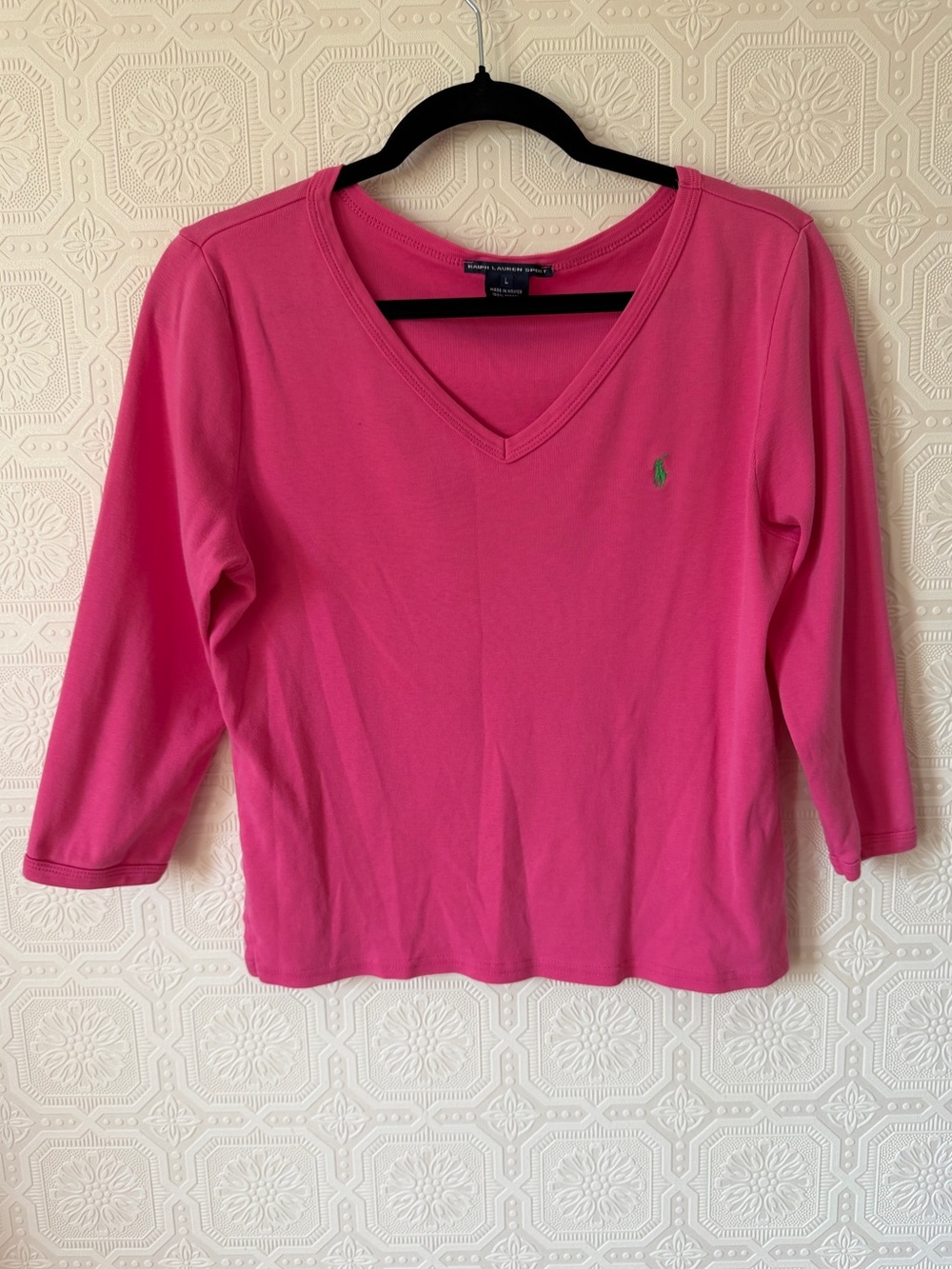 Ralph Lauren Hot Pink V-Neck 3/4 Sleeve Cotton Top